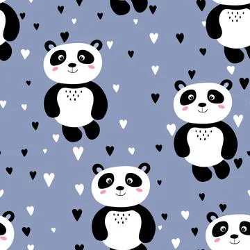 Seamless pattern with cute panda baby on color background. Funny asian animals Stock Illustration