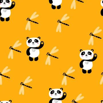 Seamless pattern with cute panda baby and dragonfly on color background. Funny Stock Illustration