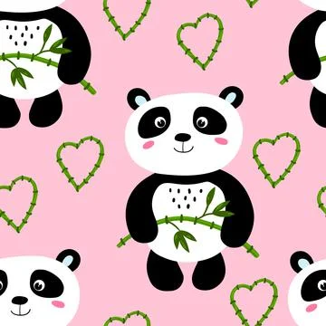 Seamless pattern with cute panda baby on color background. Funny asian animals Stock Illustration