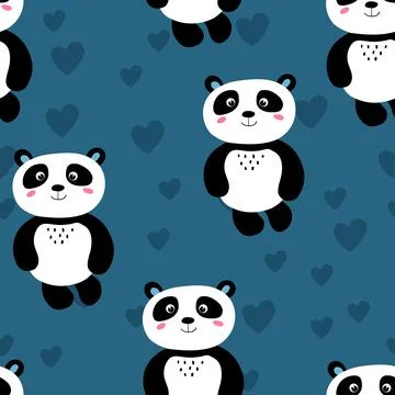 Seamless pattern with cute panda baby on color background. Funny asian animals Illustrazione stock