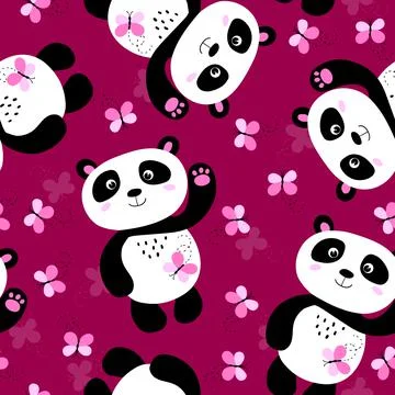 Seamless pattern with cute panda baby, butteerfly on color background. Funny Illustrazione stock