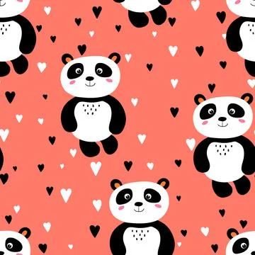 Seamless pattern with cute panda baby on color background. Funny asian animals Illustrazione stock