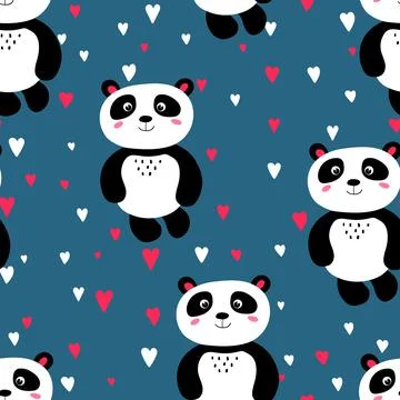 Seamless pattern with cute panda baby on color background. Funny asian animals Illustrazione stock