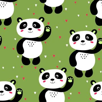 Seamless pattern with cute panda baby on color background. Funny asian animals Illustrazione stock