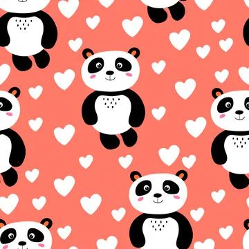 Seamless pattern with cute panda baby on color background. Funny asian animals Illustrazione stock