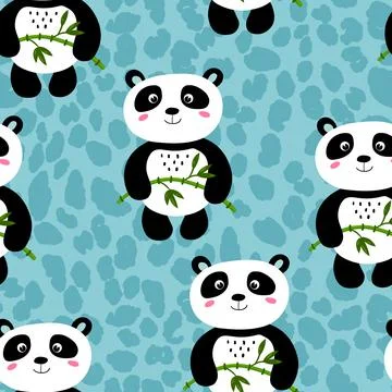 Seamless pattern with cute panda baby on color background. Funny asian animals Illustrazione stock