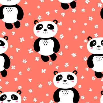Seamless pattern with cute panda baby on color background. Funny asian animals Illustrazione stock