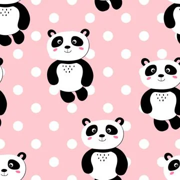 Seamless pattern with cute panda baby on color polka dots background. Funny Stock Illustration