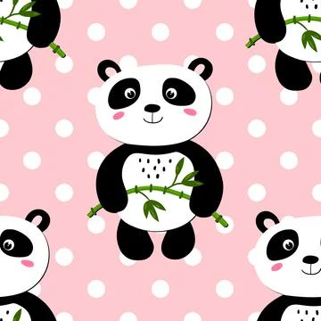 Seamless pattern with cute panda baby on color polka dots background. Funny Illustrazione stock