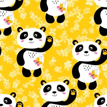 Seamless pattern with cute panda baby on color floral background. Funny asian Stock Illustration