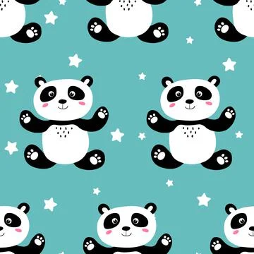 Seamless pattern with cute panda baby and stars on color background. Funny asian イラスト素材