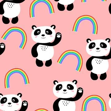 Seamless pattern with cute panda baby and rainbow on color background. Funny イラスト素材