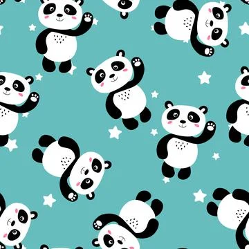 Seamless pattern with cute panda baby and stars on color background. Funny asian イラスト素材
