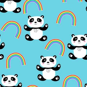 Seamless pattern with cute panda baby and rainbow on color background. Funny イラスト素材