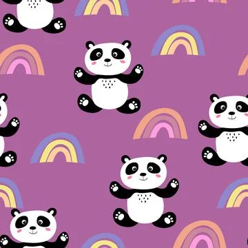 Seamless pattern with cute panda baby and rainbow on color background. Funny イラスト素材