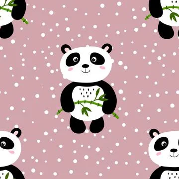 Seamless pattern with cute panda baby on color polka dots background. Funny Illustrazione stock