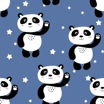 Seamless pattern with cute panda baby and stars on color background. Funny asian Stockillustratie