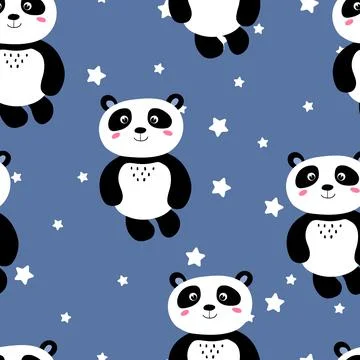Seamless pattern with cute panda baby and stars on color background. Funny asian Stockillustratie