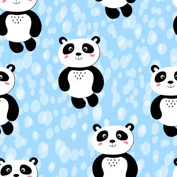 Seamless pattern with cute panda baby on color polka dots background. Funny Stock Illustration