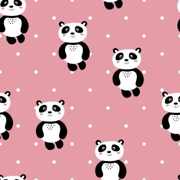 Seamless pattern with cute panda baby on color polka dots background. Funny Stockillustratie