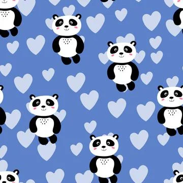 Seamless pattern with cute panda baby on color background. Funny asian animals Stock Illustration