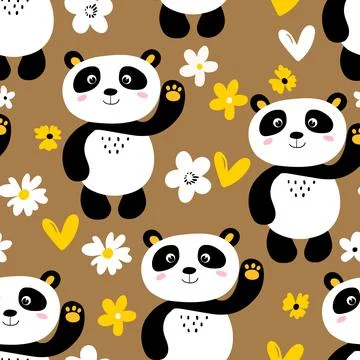 Seamless pattern with cute panda baby on color background. Funny asian animals Illustrazione stock