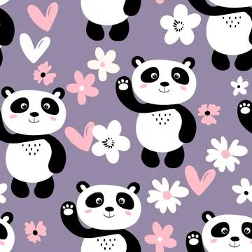 Seamless pattern with cute panda baby on color background. Funny asian animals Illustrazione stock