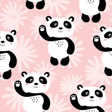Seamless pattern with cute panda baby on color background. Funny asian animals Illustrazione stock