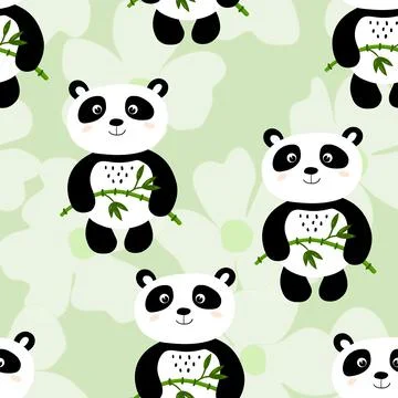 Seamless pattern with cute panda baby on color background. Funny asian animals Illustrazione stock