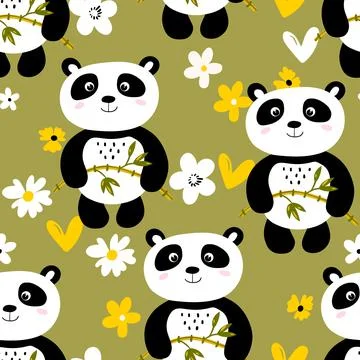 Seamless pattern with cute panda baby on color background. Funny asian animals Illustrazione stock