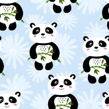 Seamless pattern with cute panda baby on color background. Funny asian animals Illustrazione stock