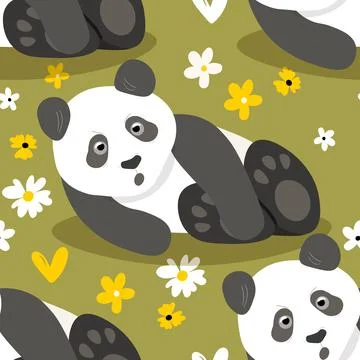 Seamless pattern with cute panda baby on color background. Funny asian animals Illustrazione stock