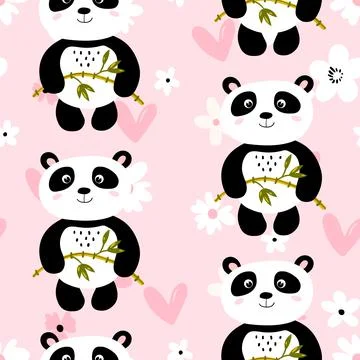 Seamless pattern with cute panda baby on color background. Funny asian animals Illustrazione stock