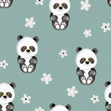 Seamless pattern with cute panda baby on color floral background. Funny asian Illustrazione stock