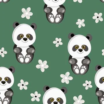Seamless pattern with cute panda baby on color floral background. Funny asian Illustrazione stock