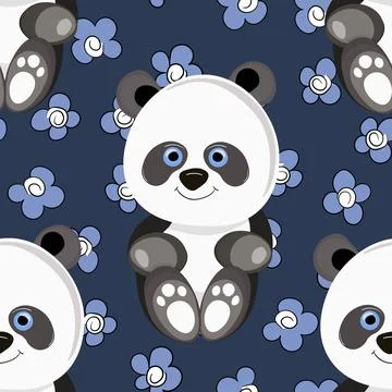 Seamless pattern with cute panda baby on color floral background. Funny asian Stock Illustration