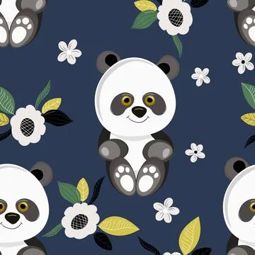 Seamless pattern with cute panda baby on color floral background. Funny asian Illustrazione stock