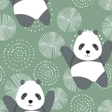 Seamless pattern with cute panda baby on color floral background. Funny asian Illustrazione stock