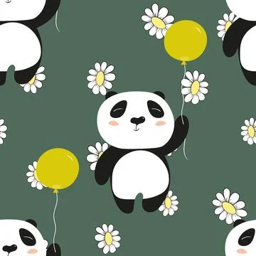 Seamless pattern with cute panda baby on color floral background. Funny asian Illustrazione stock