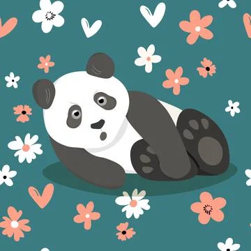 Seamless pattern with cute panda baby on color background. Funny asian animals Illustrazione stock
