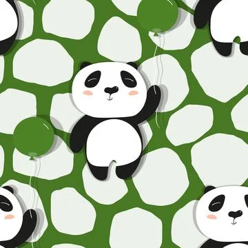 Seamless pattern with cute panda baby on color floral background. Funny asian Illustrazione stock