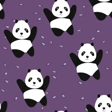 Seamless pattern with cute panda baby on color floral background. Funny asian Illustrazione stock
