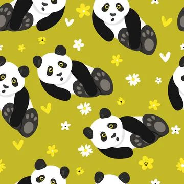 Seamless pattern with cute panda baby on color background. Funny asian animals Illustrazione stock