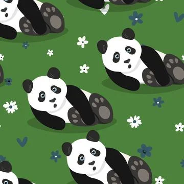 Seamless pattern with cute panda baby on color background. Funny asian animals Illustrazione stock