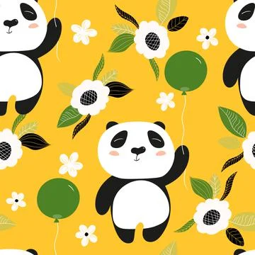 Seamless pattern with cute panda baby on color floral background. Funny asian Illustrazione stock