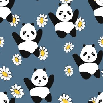 Seamless pattern with cute panda baby on color floral background. Funny asian Stock Illustration