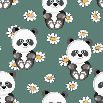 Seamless pattern with cute panda baby on color floral background. Funny asian Illustrazione stock