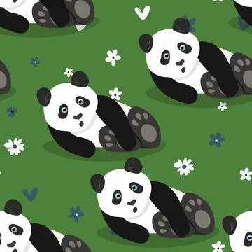 Seamless pattern with cute panda baby on color background. Funny asian animals Illustrazione stock