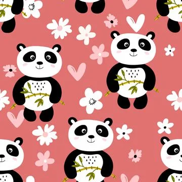 Seamless pattern with cute panda baby on color background. Funny asian animals Illustrazione stock