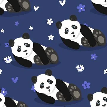 Seamless pattern with cute panda baby on color background. Funny asian animals Illustrazione stock